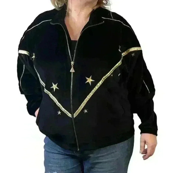 Euro Joy Vintage Velvet Velour Black Jacket Embroidered Gold Stars Size Small - Picture 8 of 8